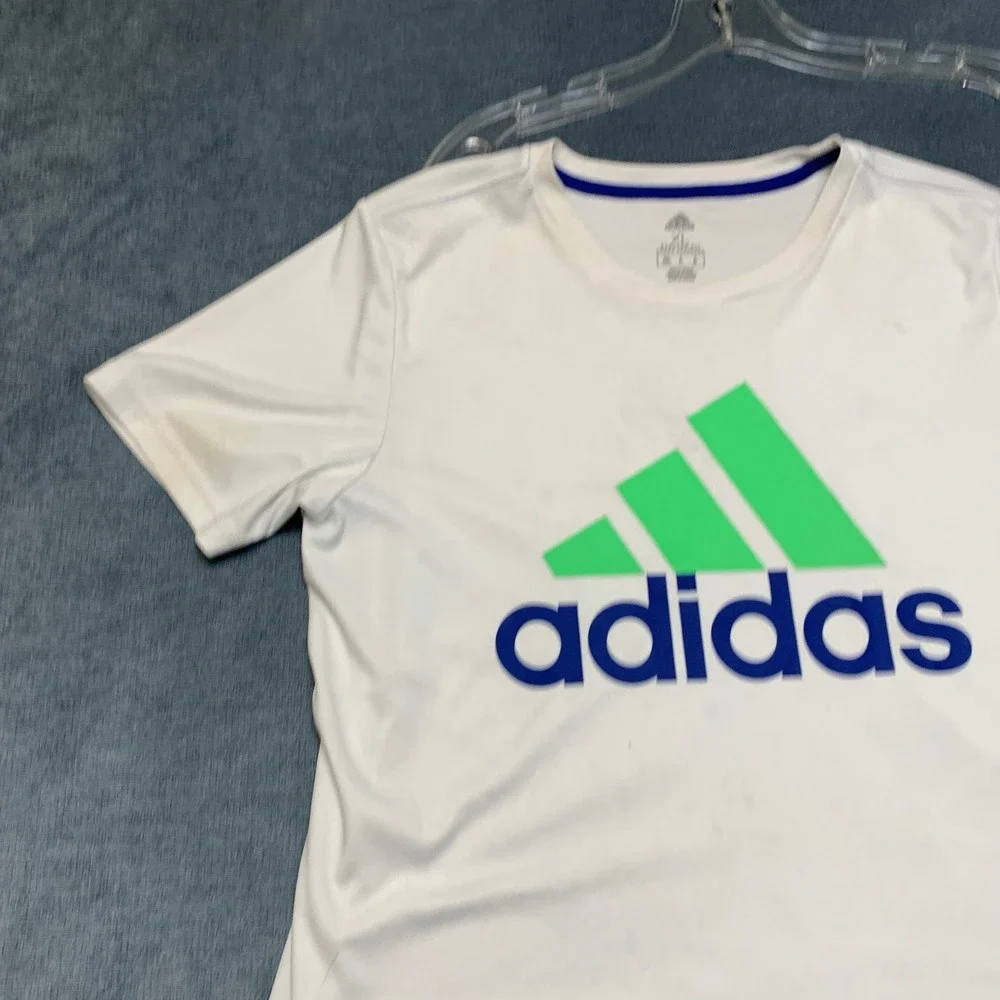 Adidas Running T Shirt Mens XL White Spellout Logo Standard Regular Fit Training